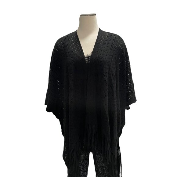 Bebe Blk Knit Poncho Fringe Boho Chic Open Front Lightweight Cover-Up Festival - Picture 9 of 9